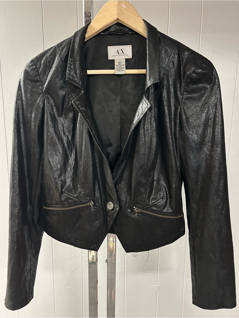A/X Armani Exchange Women's Black Leather-Look Moto Jacket Vintage